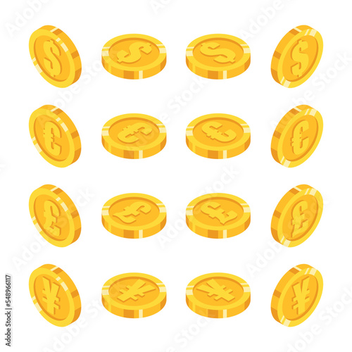 Set of isometric gold coins with world's major currencies sign in different angles in flat style
