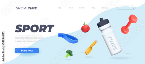 Banner template with Sports 3d elements, a bottle of water, a kettlebell, an elastic band for sports.