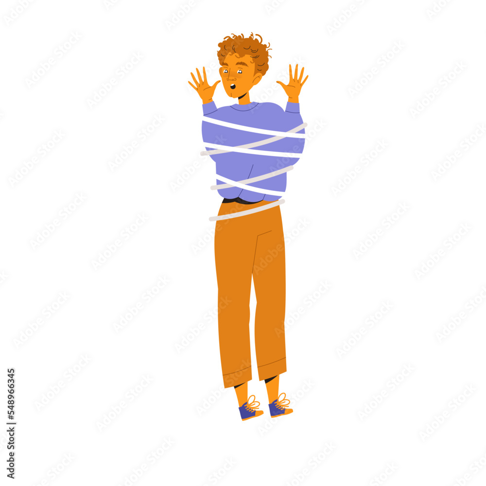 Man Tied with Rope Shouting for Help Standing with Raised Hands Vector Illustration Man Tied with Rope Shouting for Help Standing with Raised Hands Vector Illustration