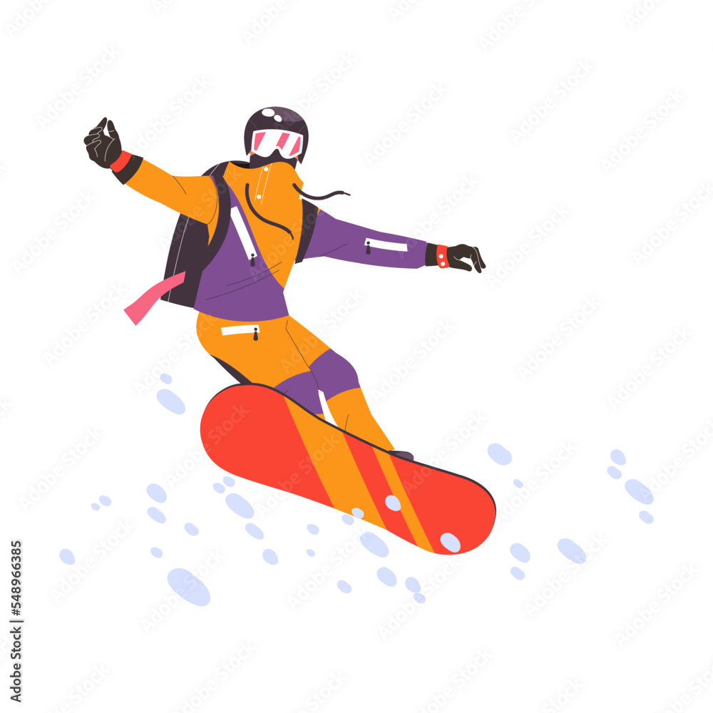 Fototapeta premium Man Snowboarding Equipped with Helmet and Goggles in Winter Season Vector Illustration