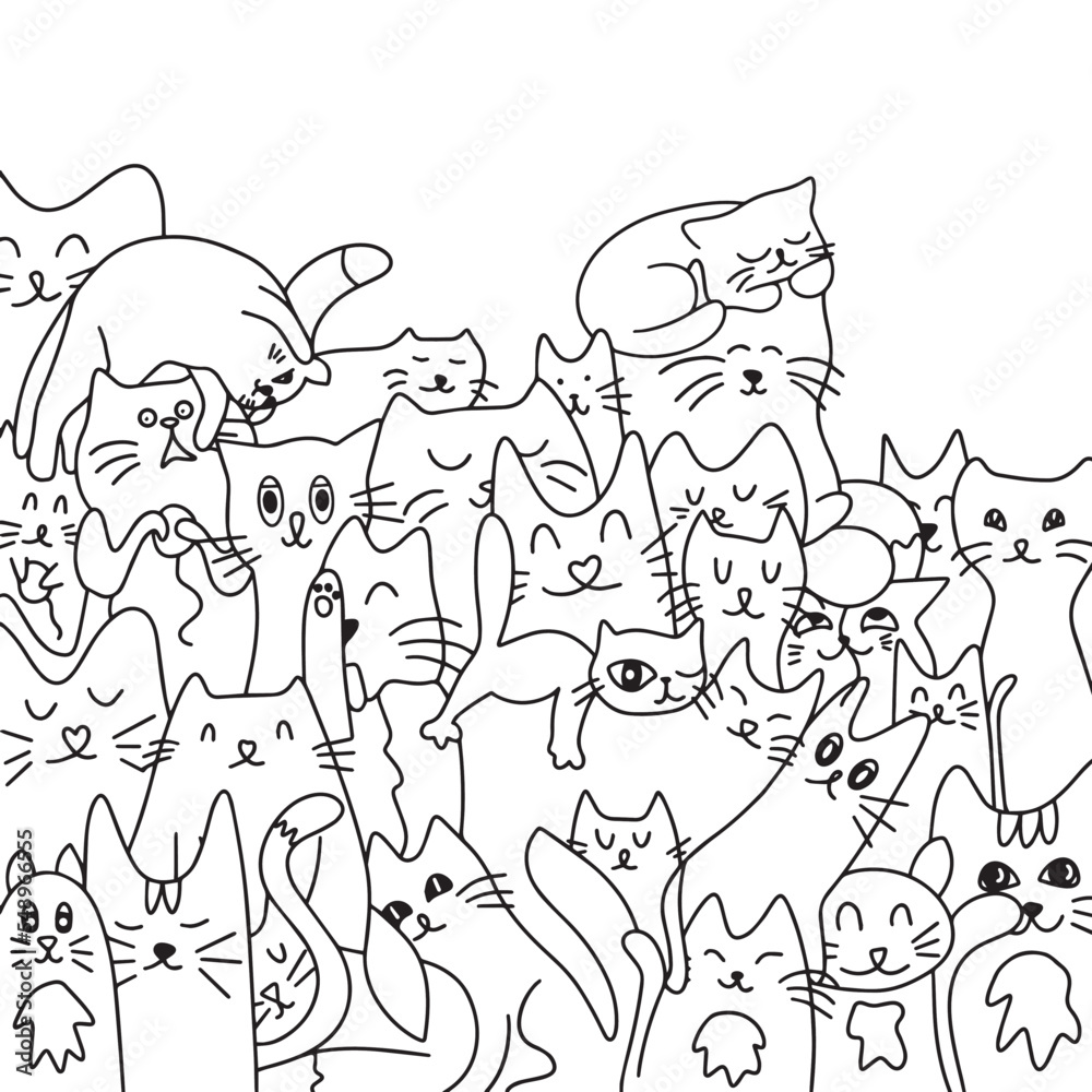 Lots of cute cats. Background from cats. Coloring. Vector illustration. Cute and funny cats doodle vector set. Cartoon cat or kitten characters design collection with flat color in different poses. Lots of cute cats. Background from cats. Coloring. Vector illustration. Cute and funny cats doodle vector set. Cartoon cat or kitten characters design collection with flat color in different poses.