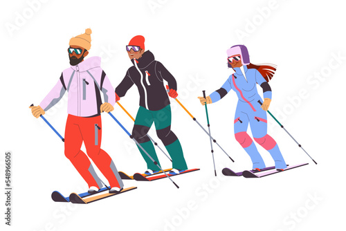 Man and Woman Character Skiing at Mountain Ski Resort in Winter Season Vector Illustration