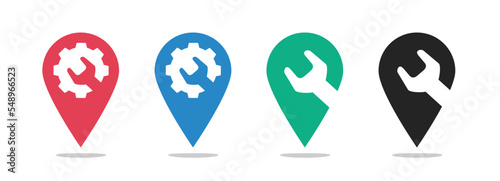 Maintenance repair map pointer icon pictogram vector or fix workshop pin marker logo simple label graphic logotype for automotive mechanic service position clipart image red green blue black isolated