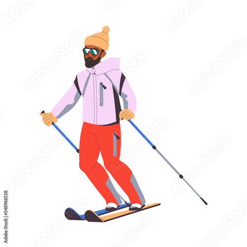 Bearded Man Character Skiing at Mountain Ski Resort in Winter Season Vector Illustration