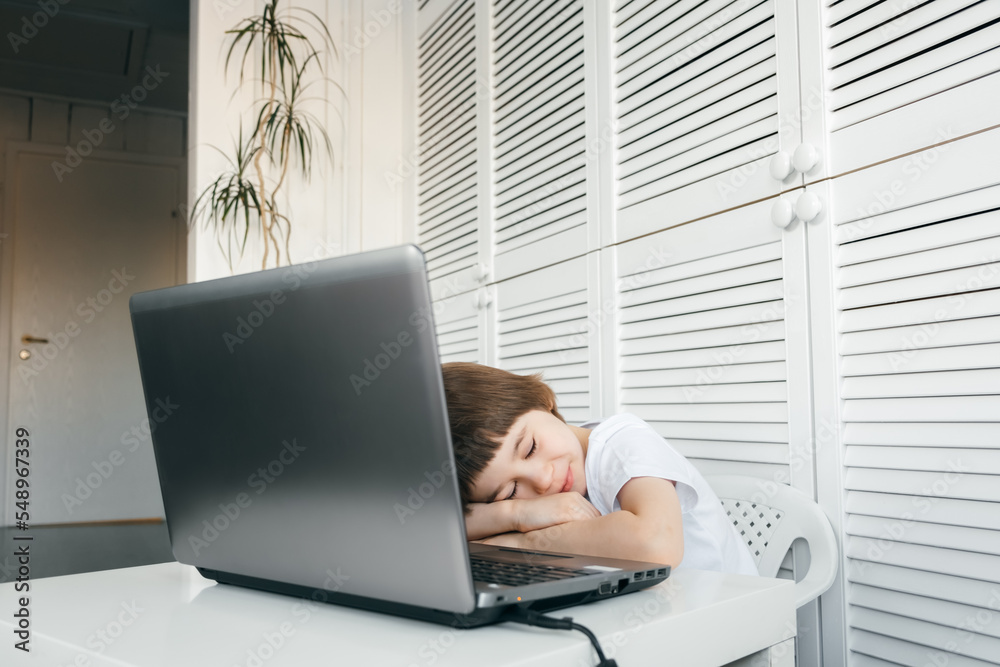Little boy fell asleep on the laptop. Child lay with closed eyes and