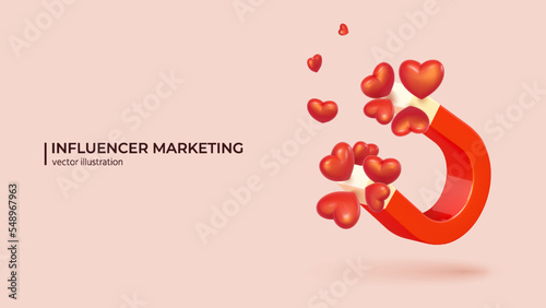 3d vector of Magnet with Red Hearts. Realistic 3d design of marketing and Business Online Strategy, Influencer marketing Concept in Trendy colors. Vector illustration in cartoon minimal style.