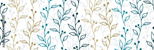 Berry bush sprigs hand drawn vector seamless background. Elegant floral textile print. Meadow plants foliage and bloom wallpaper. Berry bush twigs isolated endless swatch