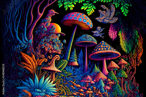 Colorful playful forest scene with mushrooms and exotic birds and plants in vivid peakcock colors, psychedelic style, illustration design art style 