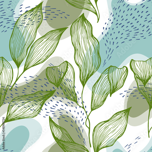 Sketch style doodle line texture leaves over stains and dots seamless vector ...