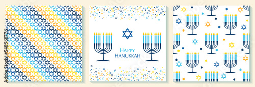 Happy Hanukkah card with nine-branched candelabrum Hanukkah menorah and Star of David Jewish symbol.