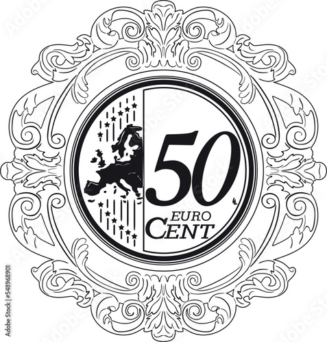 Euro coin 50 cent with vintage frame