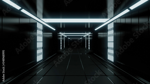 Traffic in futuristic corridor with neon lines. Design. 3D corridor with metal and neon walls. 3D corridor in futuristic or scientific style