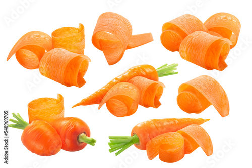 Fresh washed carrots with sliced rolled up shavings isolated png