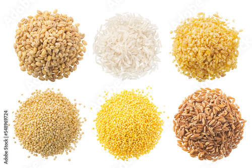 Piles of uncooked wholegrain cereals isolated, top view png photo