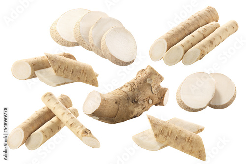Tablou canvas Sliced Horseradish roots (Armoracia rusticana taproot), isolated png