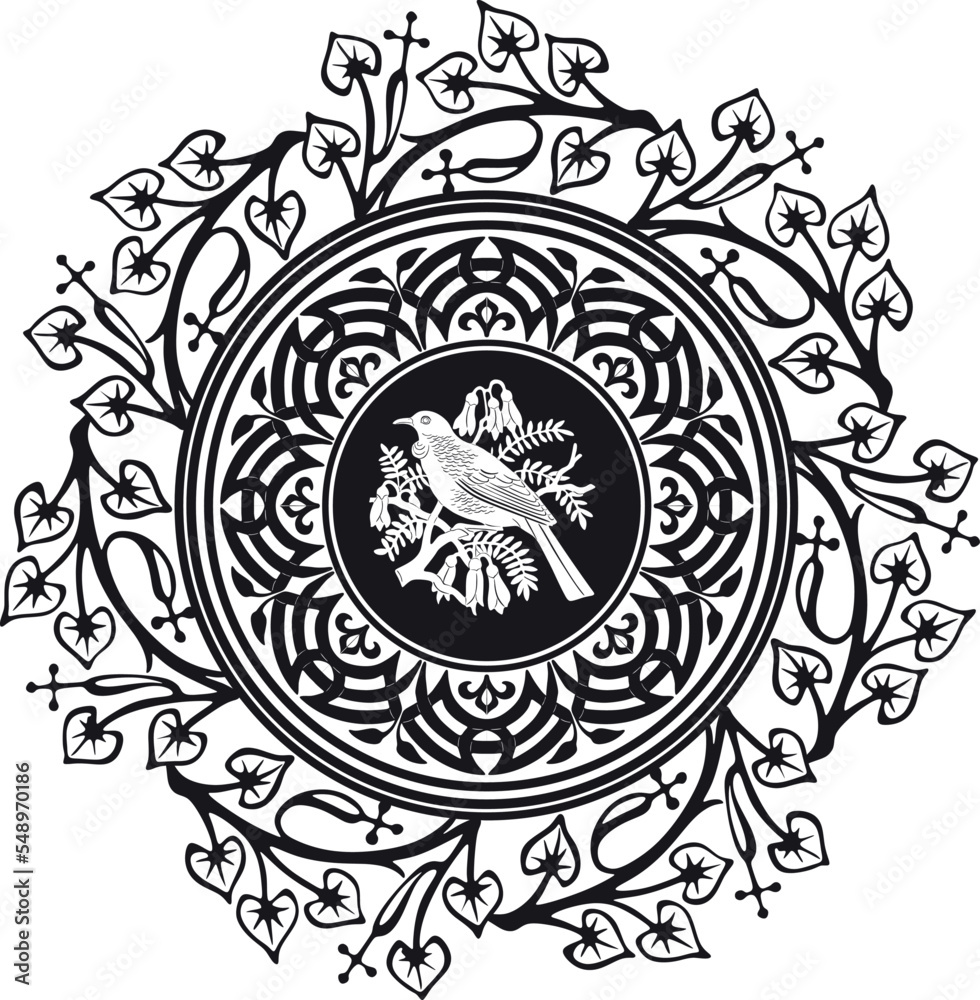 Bird logo with floral frame black vector handmade