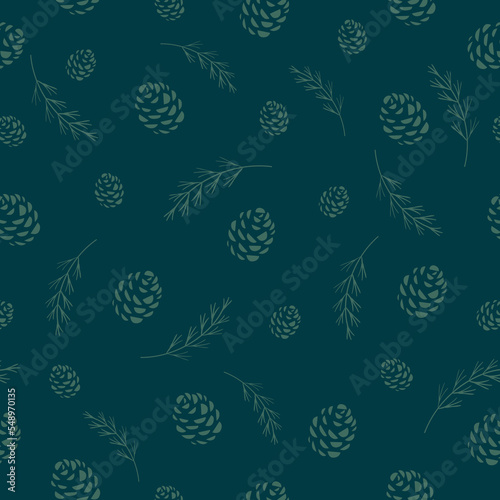 Seamless christmas pattern with fir twigs, pine cones, spruce tree sprig on dark green background, vector retro style