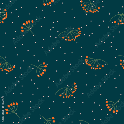 Forest seamless pattern with rowan berry and snow. Vector background for wedding, invitations, textile, wrapping paper