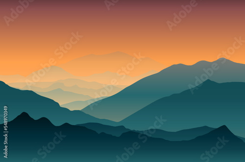 Minimal illustration of beautiful dark blue green mountain landscape with fog sunrise and sunset in dawn orange sky nature adventure tone.  © feipco