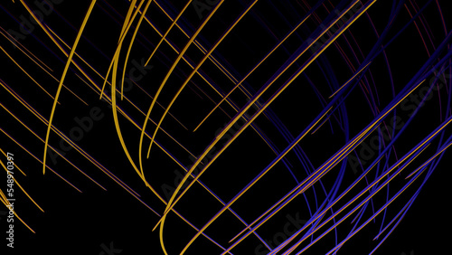 Colorful lines intersect. Design. Thin lines bend and weave on black background. Background of moving and intersecting lines