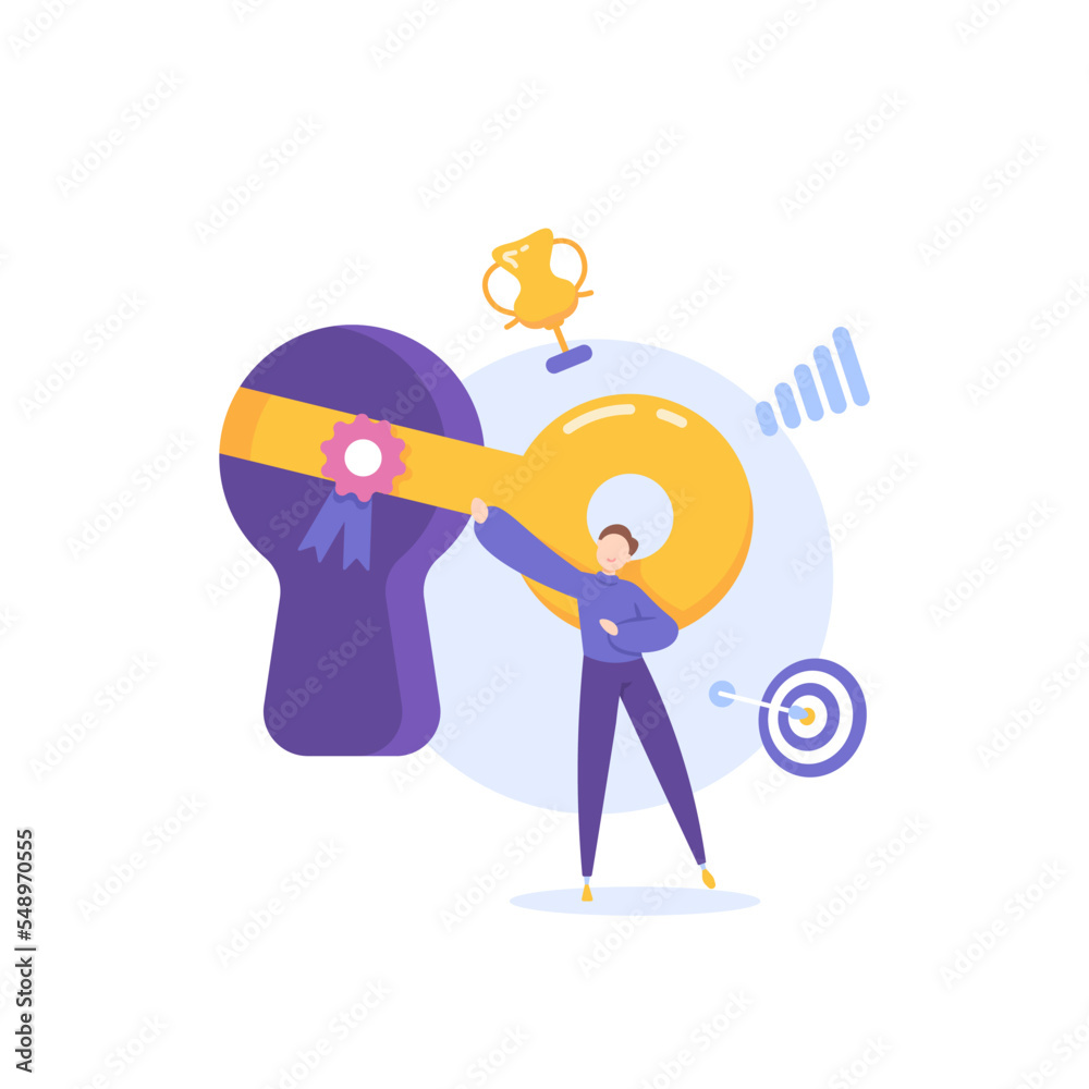 The key to success and achieving business targets. opens up opportunities for success. Entrepreneurs use golden keys to unlock potential. unlock skills and abilities in business. illustration concept 