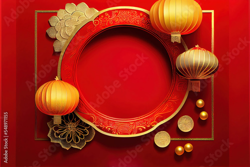 red and gold frame with ornament as chinese new year greeting card background