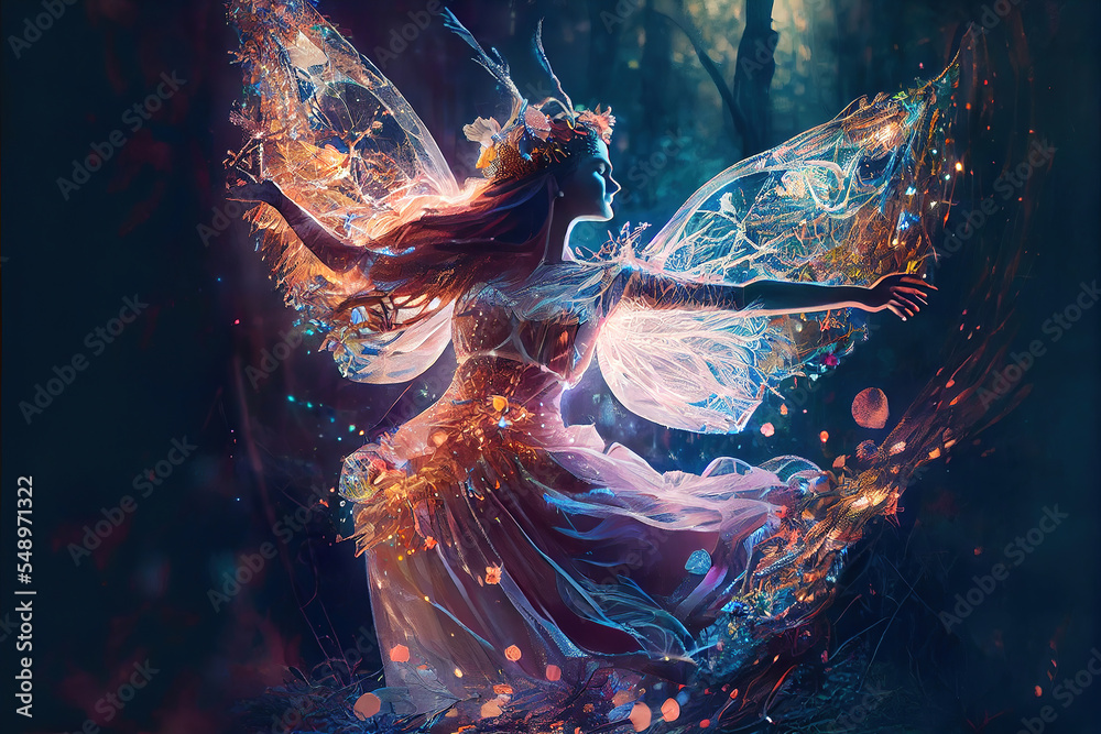 Naklejka premium colorful magical dancing fairy in enchanted fantasy forest