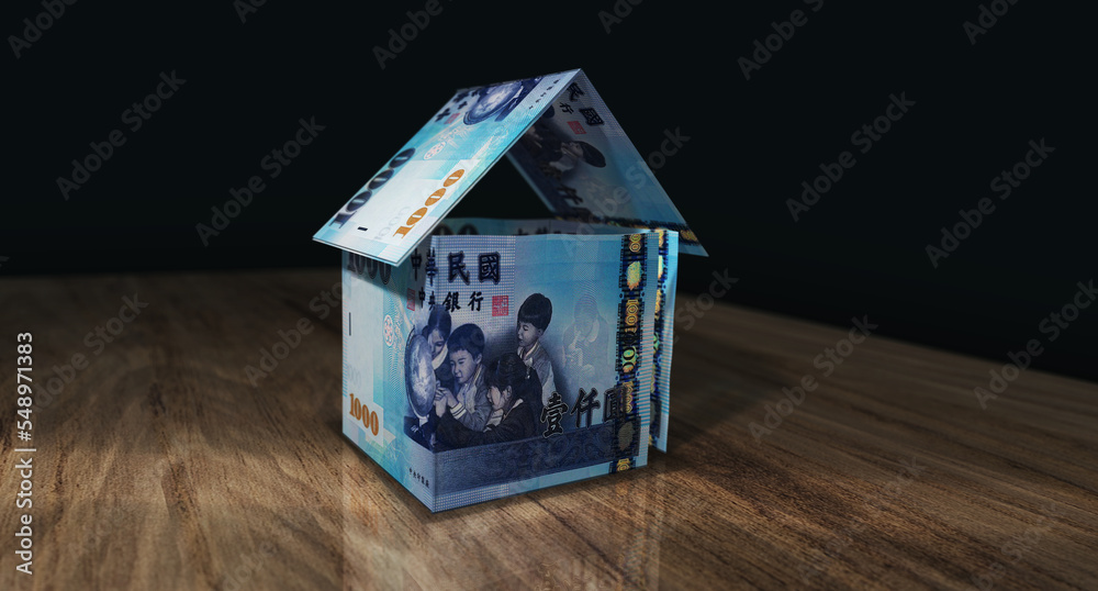 Fototapeta premium Taiwan Taiwanese Dollar 1000 TWD money banknotes paper house on the table 3d illustration