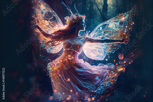 colorful magical dancing fairy in enchanted fantasy forest