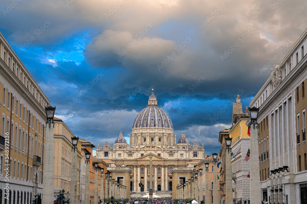 View of Saint Peter's Basilica in Rome from the Via della Conciliazione, Italy.