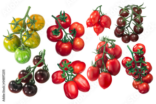 Different heirloom tomatoes in cluster on the vine (Solanum lycopersicum fruits) isolated png