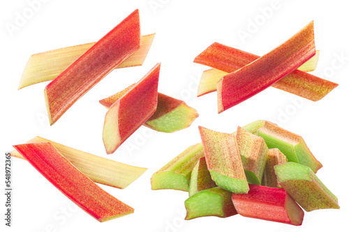 Rhubarb stalks, sliced, cut, in pile, isolated w paths (Rheum rhabarbarum petioles) png photo