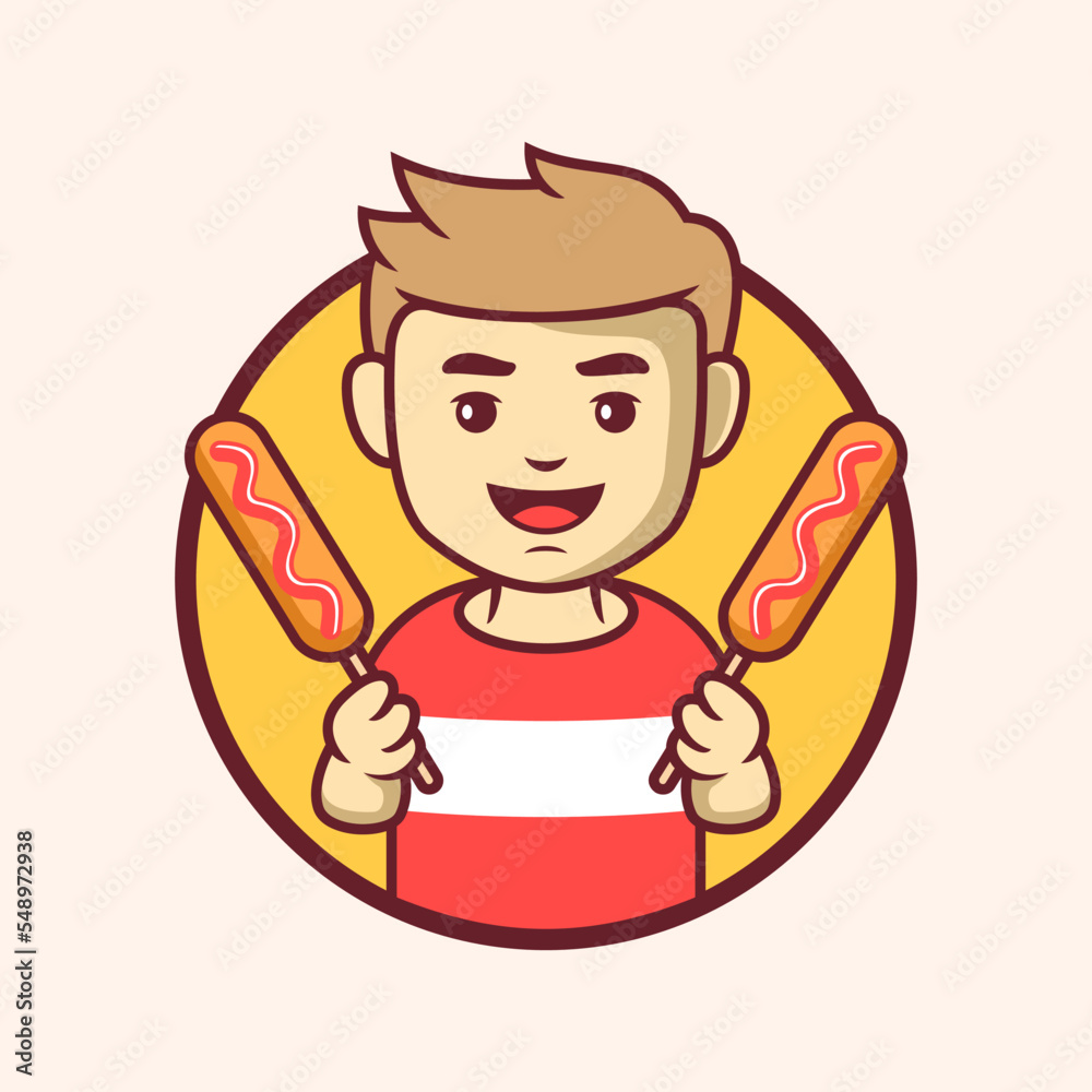 Corn dog street food logo with cute cartoon boy Corn dog street food logo with cute cartoon boy