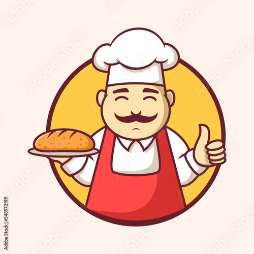 Hand drawn chef bakery logo template, cartoon chef logo