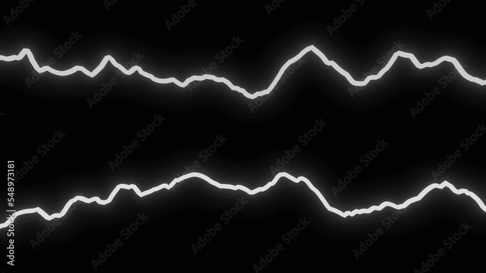 Glowing lines vibrate and move in waves on black background. Design. Moving voltage lines of electricity or musical rhythm. Ripples and waves on neon lines