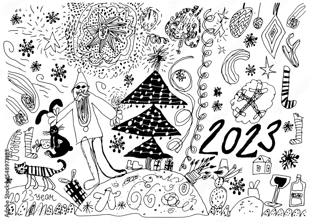 Obraz premium Funny babies drawing with chinese new year 2023 santa claus, christmas tree and black hare. Naive scribble style collection for merry Christmas and happy new year. Vector illustration
