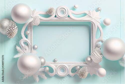 pastel light color christmas frame with balls and snowflakes