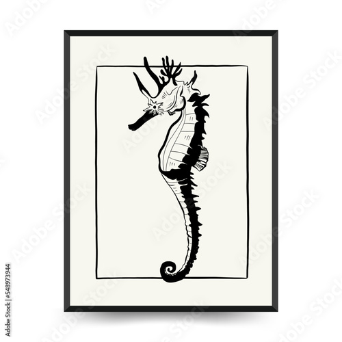 Abstract ocean and sea posters template. Modern sea Botanical trendy black style. Vintage seaweed, fish, shell. Ink wall  art.