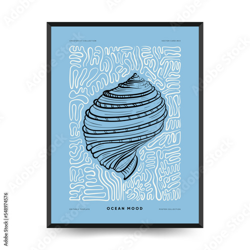 Abstract ocean and sea posters template. Modern sea Botanical trendy black style. Vintage seaweed, fish, shell. Ink wall  art.