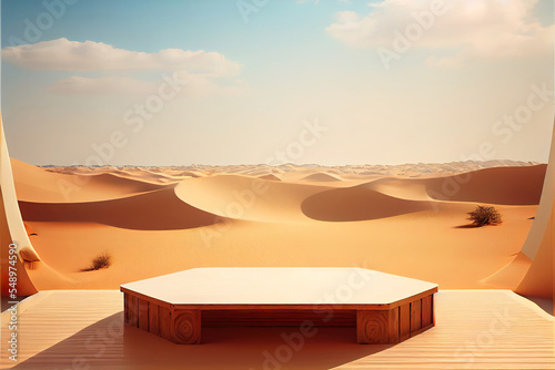 wooden product display podium for luxury product advertisement, sunny desert environment in the background
