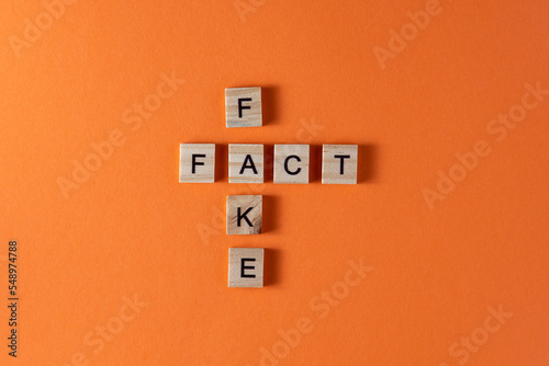 Fake fact word phrase in wooden letters. Motivation and slogan. Orange background.