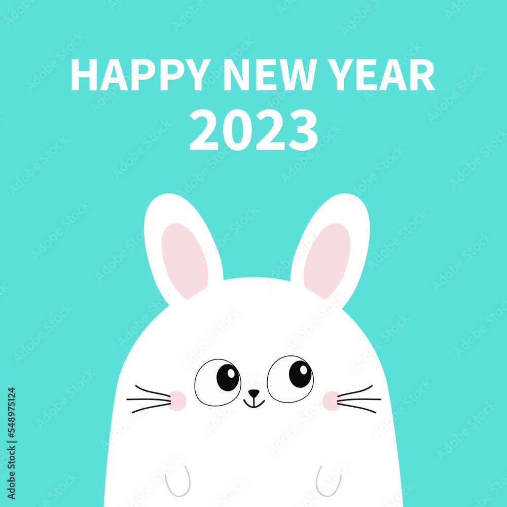 Obraz premium Happy Chinese New Year 2023. The year of the rabbit. White bunny head face. Funny head face. Cute kawaii cartoon character. Baby greeting card. Blue background. Flat design.