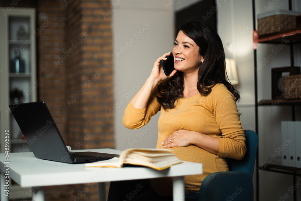 Beautiful pregnant woman working on laptop. Young businesswoman talking to the phone. Beautiful pregnant woman working on laptop. Young businesswoman talking to the phone.