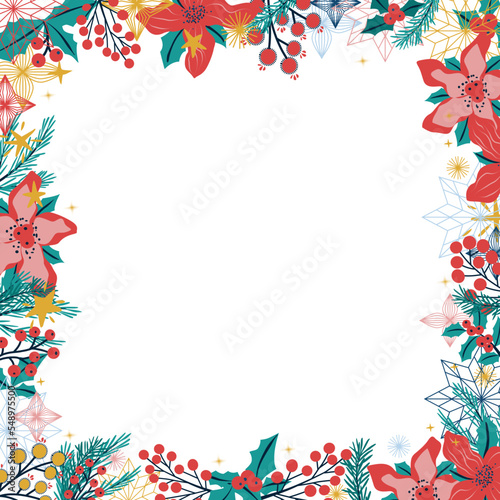 Marco decorativo con motivos de navidad. Marco con elementos vectorizados. Concepto de ilustración vectorial para fondo, tarjeta de felicitación, tarjeta de invitación a fiesta, banner