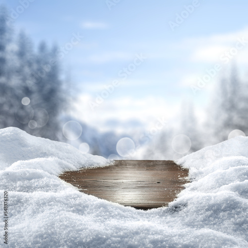Desk of free space cover of snow and ladnscape of mountains.  © magdal3na