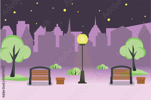 illustration of a park at night with silhouettes of houses, stars in the sky, trees, bushes with a burning lantern