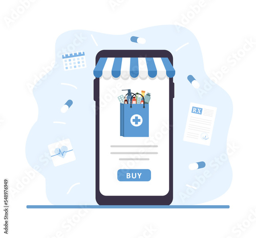 Online pharmacy service. Purchase of medicines on mobile phone screen. Home delivery of drugs and pills. Healthcare concept. Vector illustration in flat cartoon style.