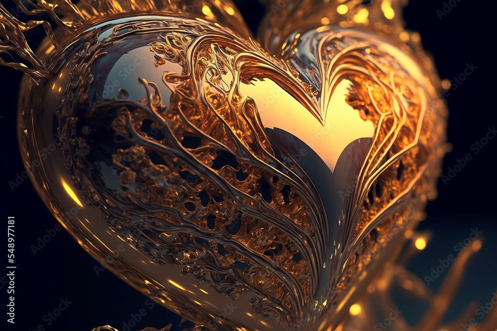 Close up of Golden metallic heart with intricate ornate design