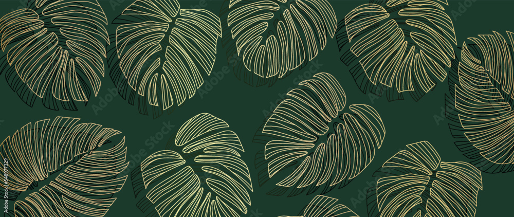 Luxury golden leaves line art background vector. Natural tropical leaf