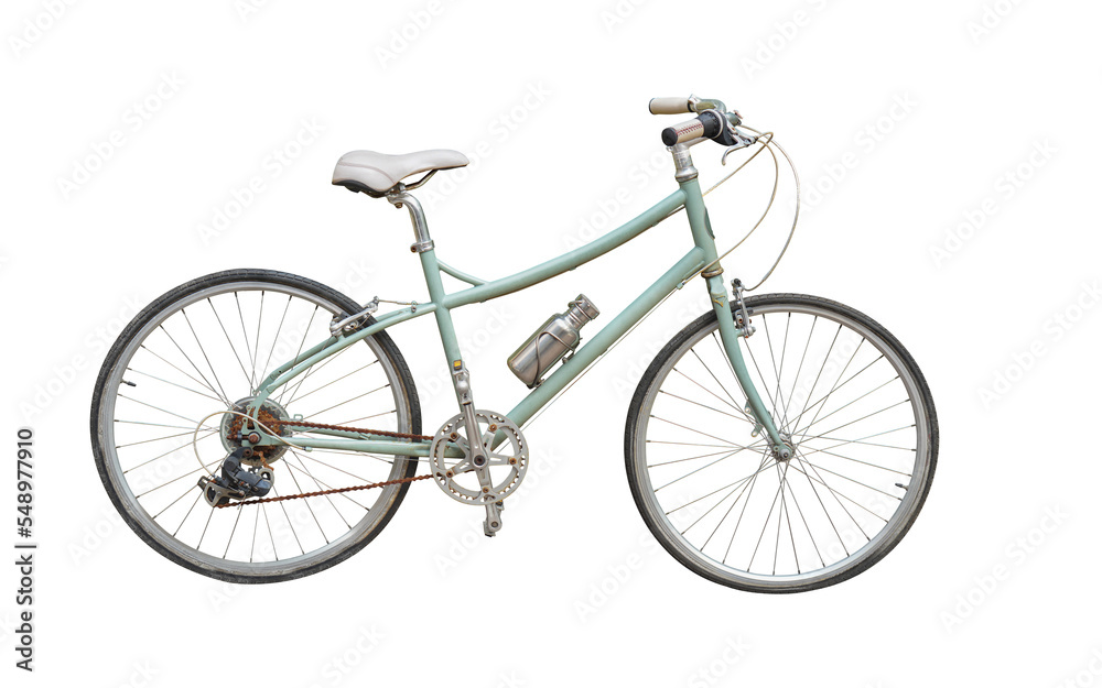 side view antique green frame bicycle and white cushion on transparent background, object, decor, transport, banner, copy space
